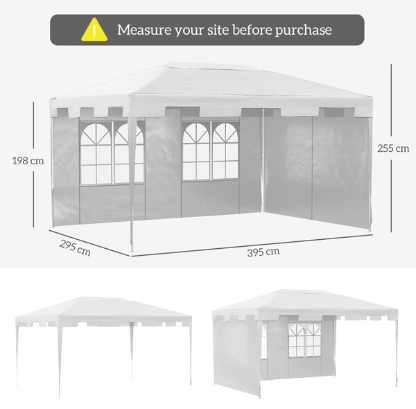 Outsunny 3 x 4 m Garden Gazebo Shelter Marquee Party Tent with 2 Sidewalls for Patio Yard Outdoor, White
