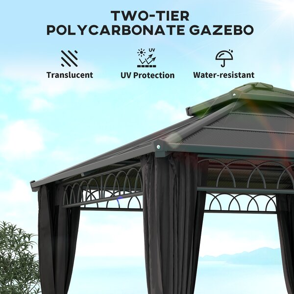 Outsunny 3 x 3m Outdoor Polycarbonate Gazebo, Double Roof Hard Top Gazebo with Nettings & Curtains for Garden, Lawn, Patio and Deck, Dark Grey
