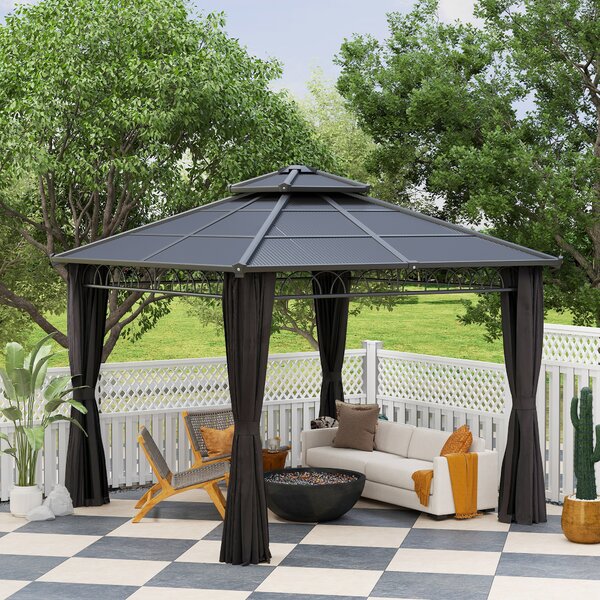 Outsunny 3 x 3m Outdoor Polycarbonate Gazebo, Double Roof Hard Top Gazebo with Nettings & Curtains for Garden, Lawn, Patio and Deck, Dark Grey