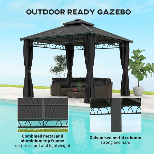 Outsunny 3 x 3m Outdoor Polycarbonate Gazebo, Double Roof Hard Top Gazebo with Nettings & Curtains for Garden, Lawn, Patio and Deck, Dark Grey
