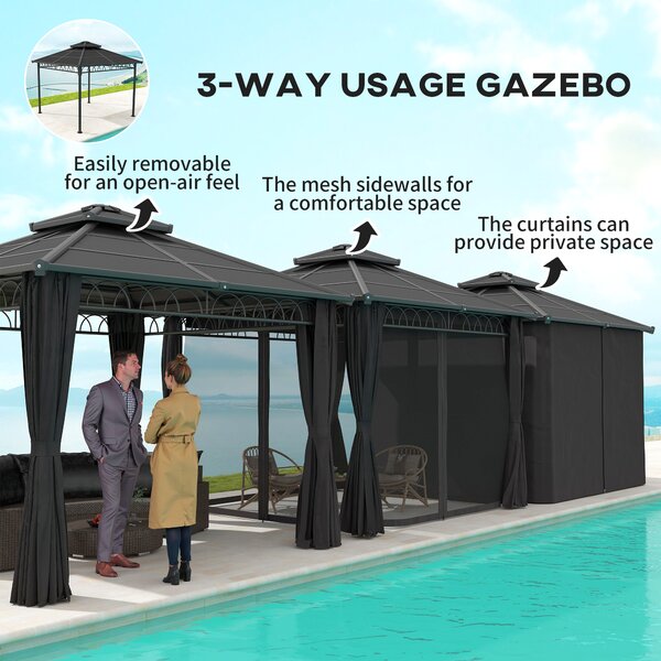 Outsunny 3 x 3m Outdoor Polycarbonate Gazebo, Double Roof Hard Top Gazebo with Nettings & Curtains for Garden, Lawn, Patio and Deck, Dark Grey