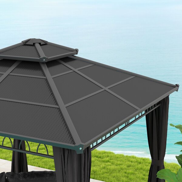 Outsunny 3 x 3m Outdoor Polycarbonate Gazebo, Double Roof Hard Top Gazebo with Nettings & Curtains for Garden, Lawn, Patio and Deck, Dark Grey