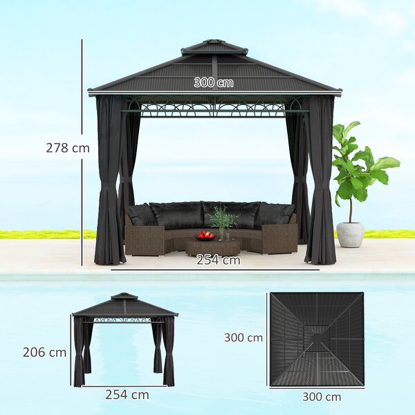 Outsunny 3 x 3m Outdoor Polycarbonate Gazebo, Double Roof Hard Top Gazebo with Nettings & Curtains for Garden, Lawn, Patio and Deck, Dark Grey
