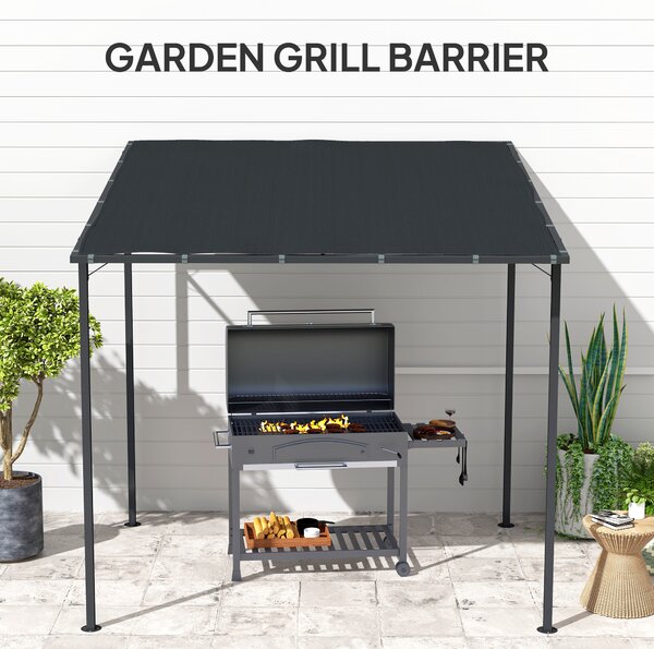 Outsunny 2.4 x 2.4 m Wall Mounted Pergola Gazebo with PA Coating Fabric and Metal Frame, UPF30+, Lean to Garden Gazebo, Wind Resistant Outdoor Sun Shade Shelter for Garden, Deck, Dark Grey
