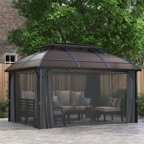 Outsunny Aluminium Frame 4 x 3(m) Polycarbonate Gazebo with Curtains, Nettings, Double Roof for Lawn, Yard, Patio, Deck, Brown