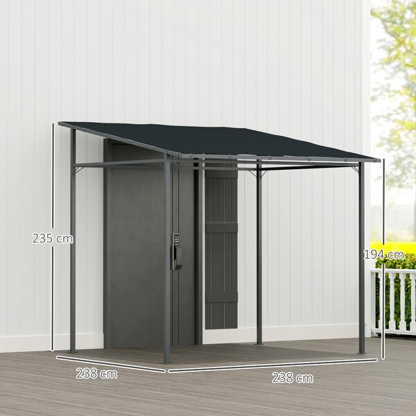 Outsunny 2.4 x 2.4 m Wall Mounted Pergola Gazebo with PA Coating Fabric and Metal Frame, UPF30+, Lean to Garden Gazebo, Wind Resistant Outdoor Sun Shade Shelter for Garden, Deck, Dark Grey