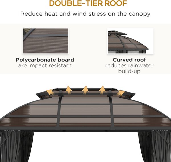Outsunny Aluminium Frame 4 x 3(m) Polycarbonate Gazebo with Curtains, Nettings, Double Roof for Lawn, Yard, Patio, Deck, Brown