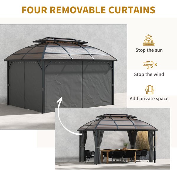 Outsunny Aluminium Frame 4 x 3(m) Polycarbonate Gazebo with Curtains, Nettings, Double Roof for Lawn, Yard, Patio, Deck, Brown