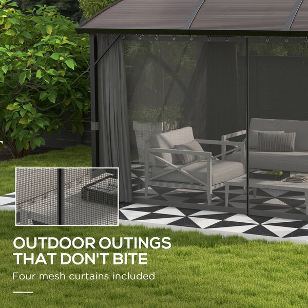 Outsunny Aluminium Frame 4 x 3(m) Polycarbonate Gazebo with Curtains, Nettings, Double Roof for Lawn, Yard, Patio, Deck, Brown
