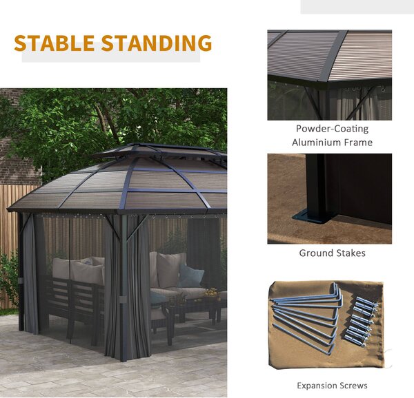 Outsunny Aluminium Frame 4 x 3(m) Polycarbonate Gazebo with Curtains, Nettings, Double Roof for Lawn, Yard, Patio, Deck, Brown