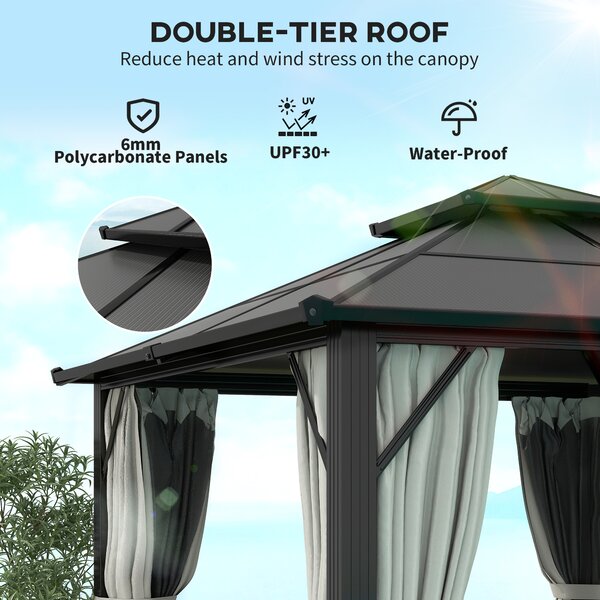 Outsunny 3 x 3(m) Hardtop Gazebo Canopy with UPF30+ Polycarbonate Roof, Aluminium Frame Garden Gazebo Permanent Pavilion for Patio, Deck, Grey