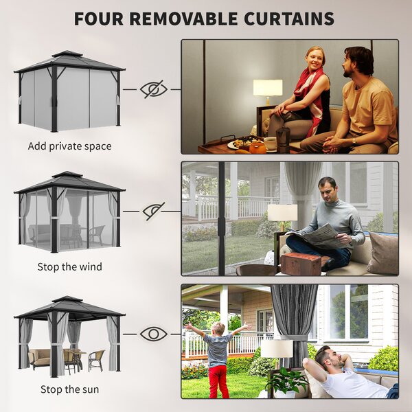 Outsunny 3 x 3(m) Hardtop Gazebo Canopy with UPF30+ Polycarbonate Roof, Aluminium Frame Garden Gazebo Permanent Pavilion for Patio, Deck, Grey