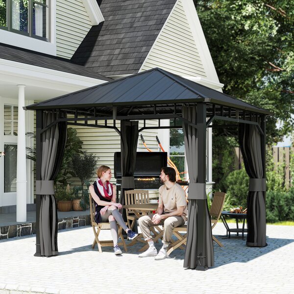 Outsunny 3 x 3(m) Hardtop Gazebo with Galvanised Steel Roof and Water Gutter, Waterproof Permanent Pavilion Garden Gazebo with Netting and Curtains for Patio, Deck