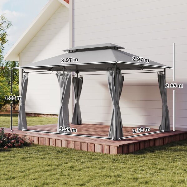 Outsunny 3 x 4m Garden Gazebo with Sides, Double Roof Metal Gazebo, Outdoor Gazebo Canopy Shelter for Patio, Deck, Dark Grey