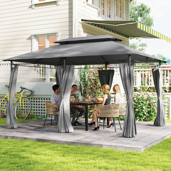 Outsunny 3 x 4m Garden Gazebo with Sides, Double Roof Metal Gazebo, Outdoor Gazebo Canopy Shelter for Patio, Deck, Dark Grey