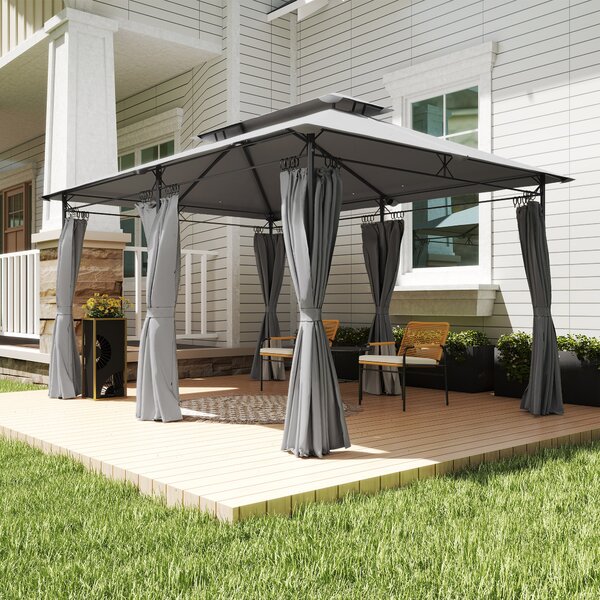 Outsunny 3 x 4m Garden Gazebo with Sides, Double Roof Metal Gazebo, Outdoor Gazebo Canopy Shelter for Patio, Deck, Dark Grey