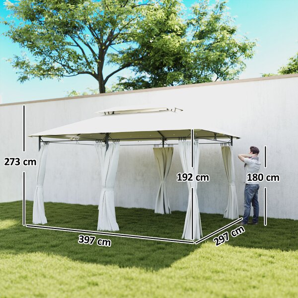 Outsunny 3 x 4m Garden Gazebo with Sides, Double Roof Metal Gazebo, Outdoor Gazebo Canopy Shelter for Patio, Deck, Cream White