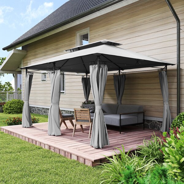 Outsunny 3 x 4m Garden Gazebo with Sides, Double Roof Metal Gazebo, Outdoor Gazebo Canopy Shelter for Patio, Deck, Dark Grey