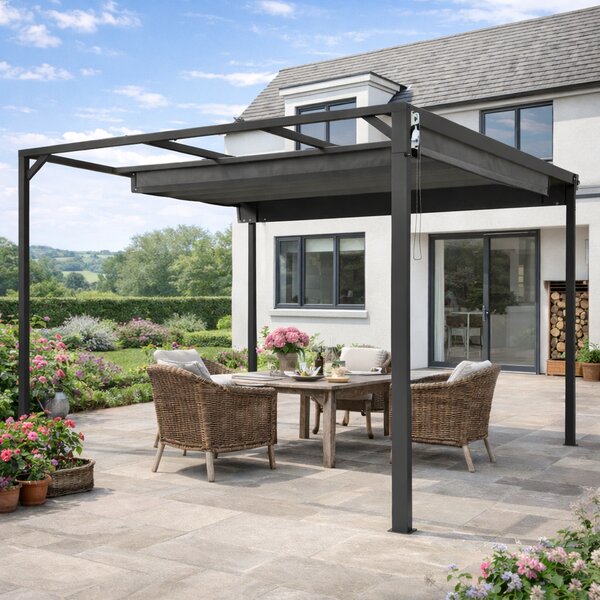 Outsunny 3 x 3(m) Garden Pergola with Retractable Roof Canopy and Roller Shade, Aluminium Pergola Kit Gazebo, UPF30+ Sun Shade Shelter for Deck, Porch, Dark Grey