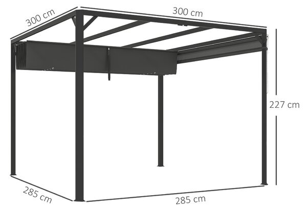 Outsunny 3 x 3(m) Garden Pergola with Retractable Roof Canopy and Roller Shade, Aluminium Pergola Kit Gazebo, UPF30+ Sun Shade Shelter for Deck, Porch, Dark Grey