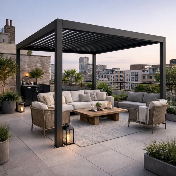 Outsunny 3 x 3(m) Electric Louvered Pergola with LED Lights, Aluminium Pergola Hardtop Gazebo with Remote, Adjustable Roof and Drainage System, Water and UV Proof