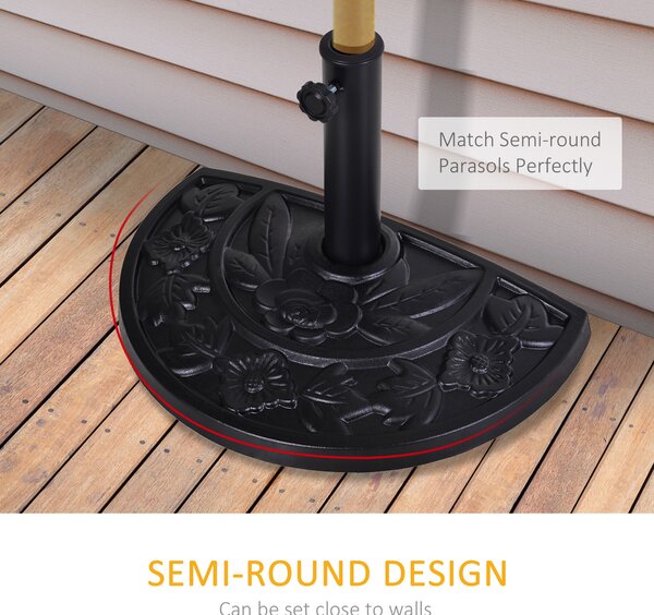 Outsunny 9kg Resin Parasol Base, Half Round Umbrella Stand with Floral Design for Garden, Outdoor, Suitable Umbrella Rod: Φ3.8cm, Φ4.8cm, Black
