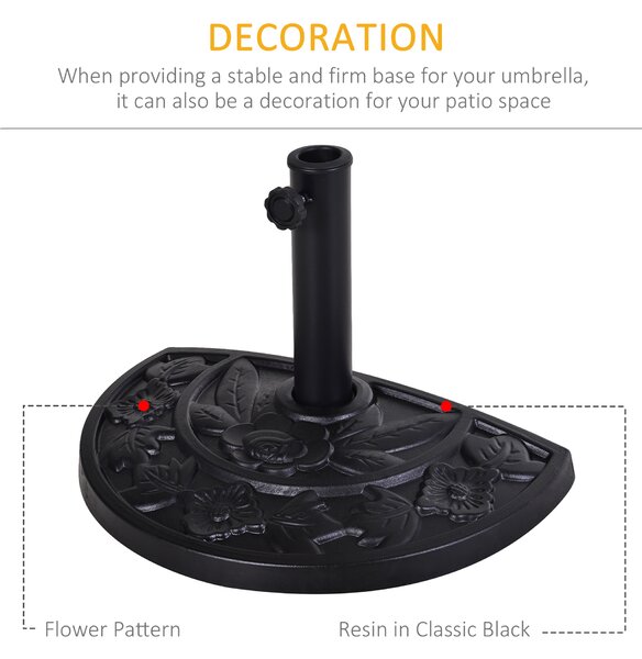 Outsunny 9kg Resin Parasol Base, Half Round Umbrella Stand with Floral Design for Garden, Outdoor, Suitable Umbrella Rod: Φ3.8cm, Φ4.8cm, Black