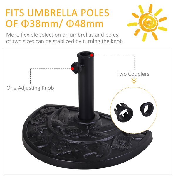 Outsunny 9kg Resin Parasol Base, Half Round Umbrella Stand with Floral Design for Garden, Outdoor, Suitable Umbrella Rod: Φ3.8cm, Φ4.8cm, Black