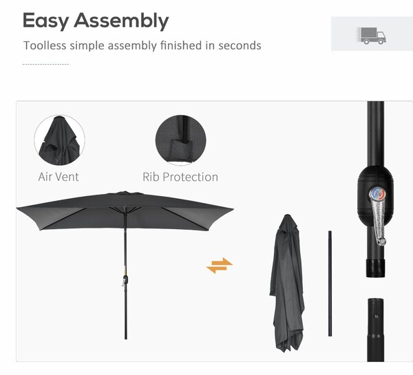 Outsunny 3x2m Patio Parasol Garden Umbrellas Canopy with Aluminum Tilt Crank Rectangular Sun Shade Steel, Black Aosom UK