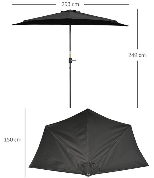 Outsunny Half Parasol, 3m Semi-Round Umbrella for Balcony, Metal Frame with Crank Handle, Black Aosom UK