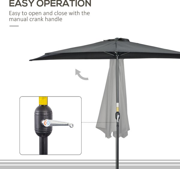 Outsunny Half Parasol, 3m Semi-Round Umbrella for Balcony, Metal Frame with Crank Handle, Black Aosom UK