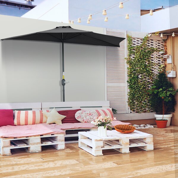 Outsunny Half Parasol, 3m Semi-Round Umbrella for Balcony, Metal Frame with Crank Handle, Black Aosom UK