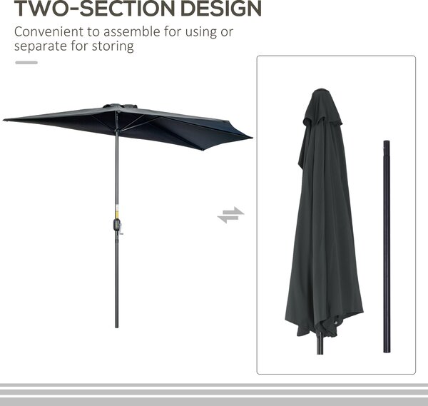 Outsunny Half Parasol, 3m Semi-Round Umbrella for Balcony, Metal Frame with Crank Handle, Black Aosom UK