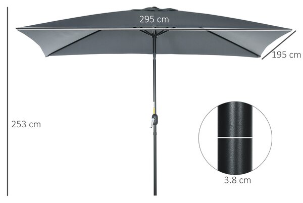 Outsunny 3x2m Patio Parasol Garden Umbrellas Canopy with Aluminum Tilt Crank Rectangular Sun Shade Steel, Dark Grey Aosom UK