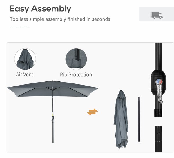 Outsunny 3x2m Patio Parasol Garden Umbrellas Canopy with Aluminum Tilt Crank Rectangular Sun Shade Steel, Dark Grey Aosom UK