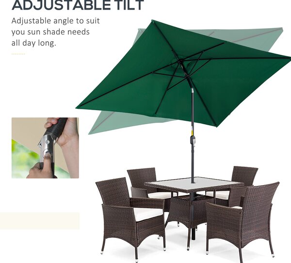Outsunny 3x2m Patio Parasol Garden Umbrellas Canopy with Aluminum Tilt Crank Rectangular Sun Shade Steel, Green