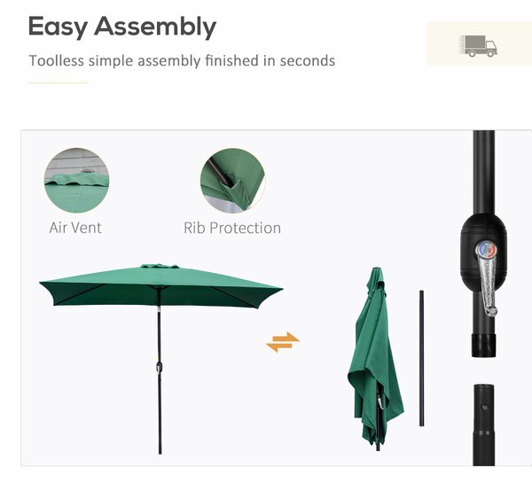 Outsunny 3x2m Patio Parasol Garden Umbrellas Canopy with Aluminum Tilt Crank Rectangular Sun Shade Steel, Green