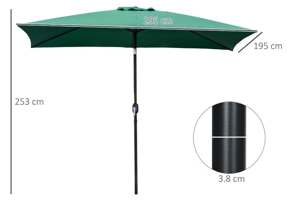 Outsunny 3x2m Patio Parasol Garden Umbrellas Canopy with Aluminum Tilt Crank Rectangular Sun Shade Steel, Green