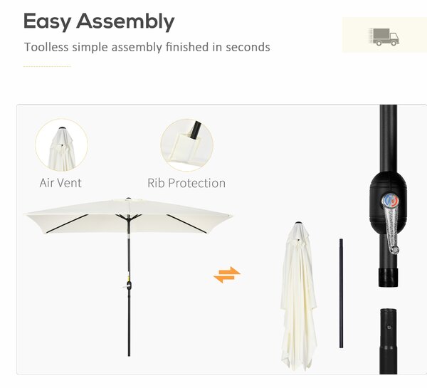 Outsunny 3x2m Patio Parasol Garden Umbrellas Canopy with Aluminum Tilt Crank Rectangular Sun Shade Steel, Cream White