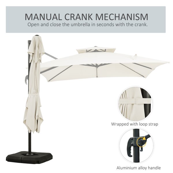 Outsunny Waterproof 3 x 3(m) Garden Cantilever Parasol w/ Crank & Tilt, Square Overhanging Patio Umbrella w/ 360° Rotation, Base Weights Aosom UK