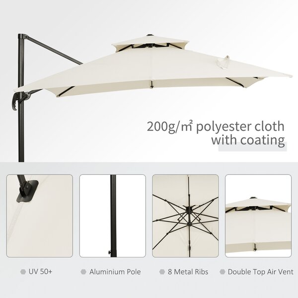 Outsunny Waterproof 3 x 3(m) Garden Cantilever Parasol w/ Crank & Tilt, Square Overhanging Patio Umbrella w/ 360° Rotation, Base Weights Aosom UK