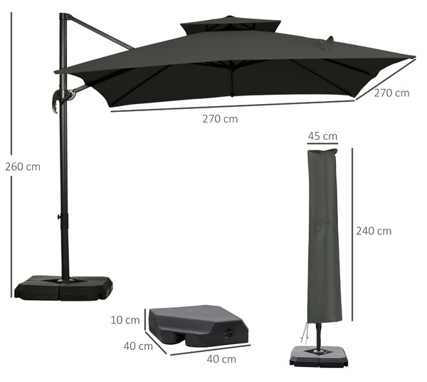 Outsunny Waterproof 3 x 3(m) Garden Cantilever Roma Parasol with Crank and Tilt, Square Overhanging Patio Umbrella with 360°Rotation Aosom UK