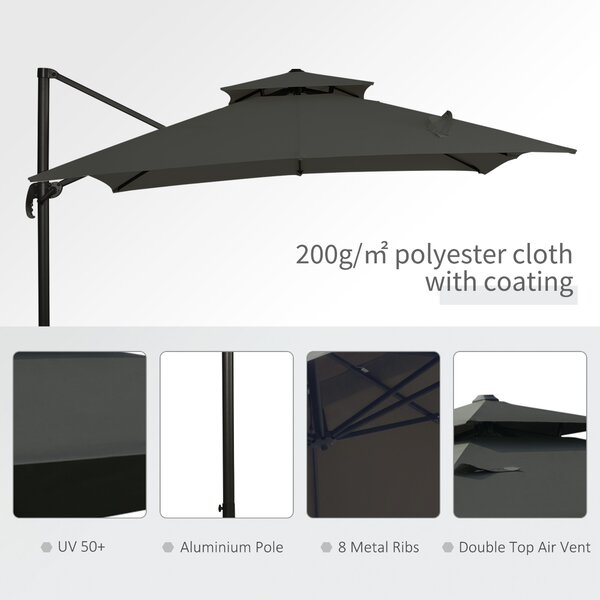 Outsunny Waterproof 3 x 3(m) Garden Cantilever Roma Parasol with Crank and Tilt, Square Overhanging Patio Umbrella with 360°Rotation Aosom UK