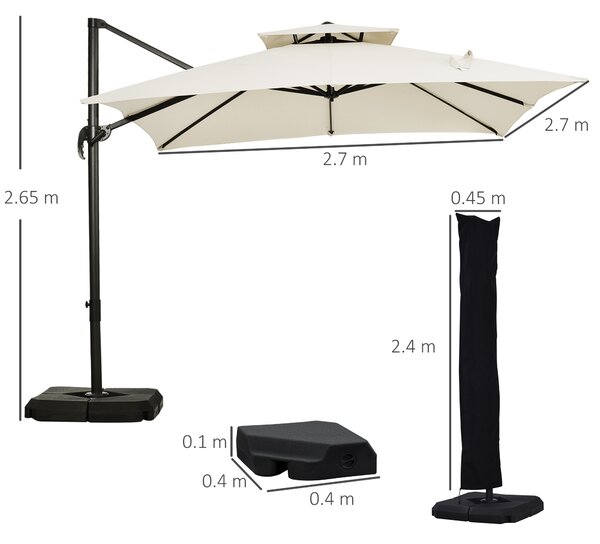 Outsunny Waterproof 3 x 3(m) Garden Cantilever Parasol w/ Crank & Tilt, Square Overhanging Patio Umbrella w/ 360° Rotation, Base Weights Aosom UK