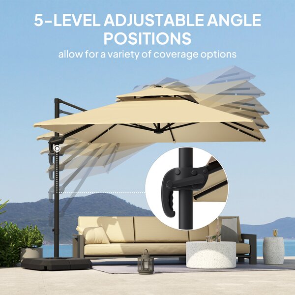 Outsunny 2.7 x 2.7(m) Cantilever Parasol with Aluminium Frame, Crank and Tilt, 360° Rotation, Double Top Garden Umbrella with Base and Cover, Khaki