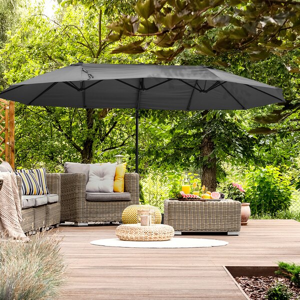Outsunny Waterproof Double Parasol Patio Umbrella Garden Sun Shade w/ Steel Pole 12 Support Ribs Crank Handle Easy Lift Twin Canopy - Grey Aosom UK