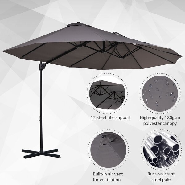 Outsunny Waterproof Double Parasol Patio Umbrella Garden Sun Shade w/ Steel Pole 12 Support Ribs Crank Handle Easy Lift Twin Canopy - Grey Aosom UK