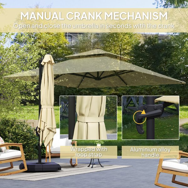 Outsunny 2.7 x 2.7(m) Cantilever Parasol with Aluminium Frame, Crank and Tilt, 360° Rotation, Double Top Garden Umbrella with Base and Cover, Khaki