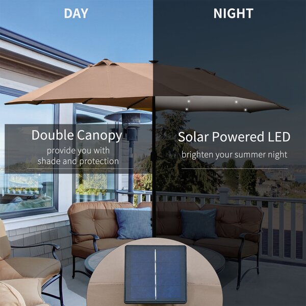 Outsunny Garden Parasol 4.4m Double-Sided Sun Umbrella Patio Sun Shade Outdoor with LED Solar Light , Khaki Aosom UK