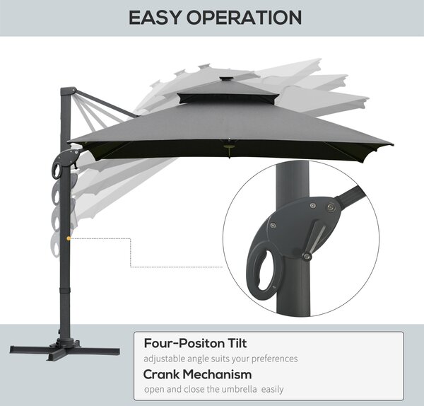 Outsunny 3 x 3(m) Cantilever Roma Parasol Garden Sun Umbrella Outdoor Patio with LED Solar Light Cross Base 360° Rotating for Backyard Dark Gray